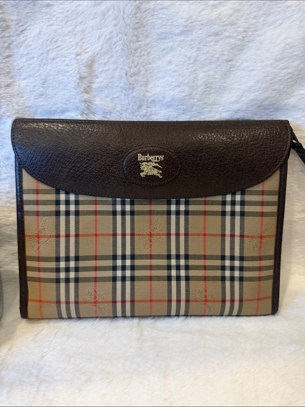 Burberrys Nova Check Clutch/Pouch with Brown Leather-Trim Vintage  Pouch